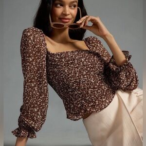 ASTR The Label Ditsy Floral Ruffle Brown Women's Top
